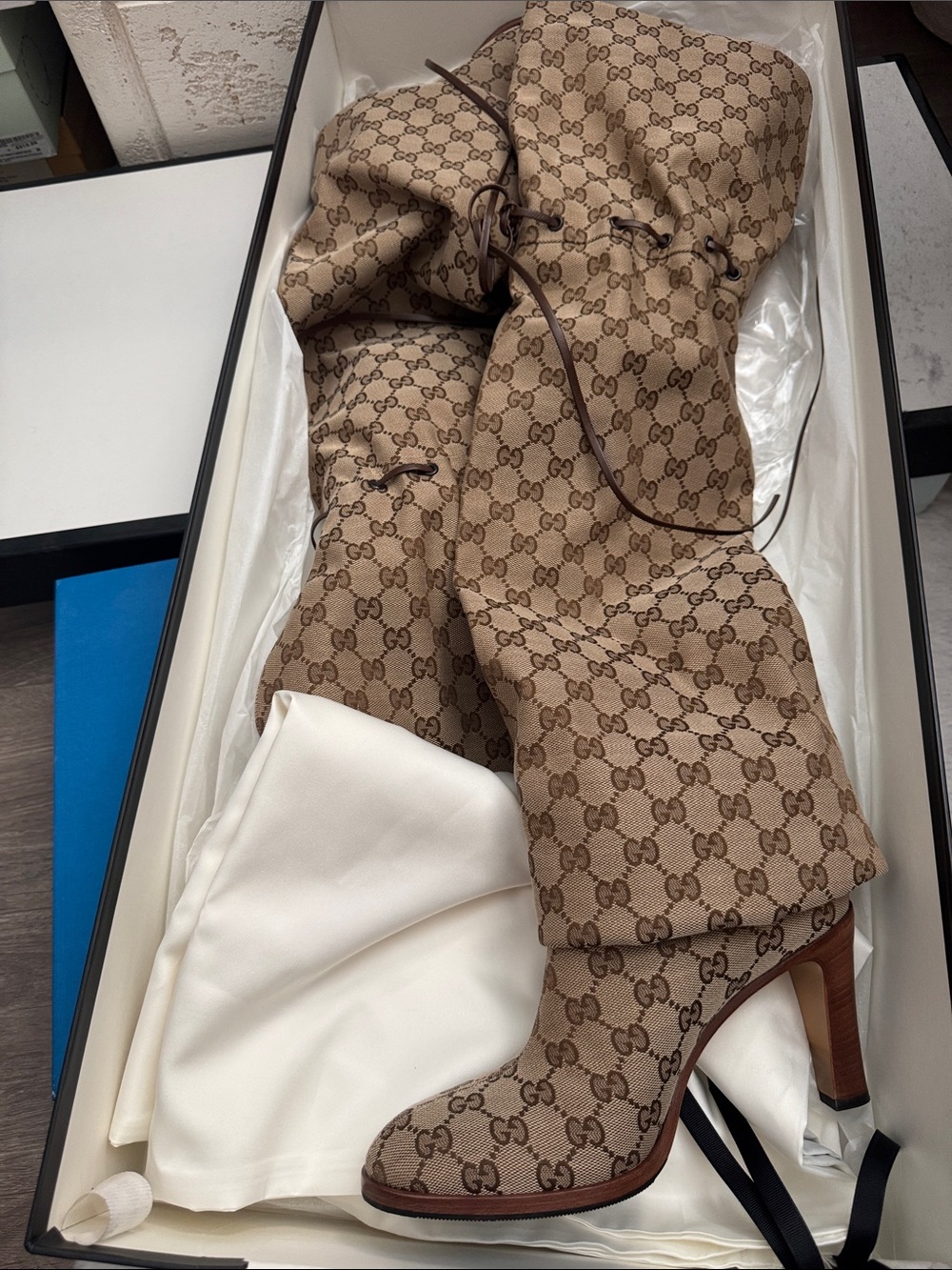 Gucci Brown GG Monogram Knee-High Drawstring Boots